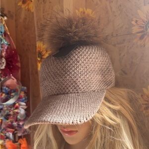 Stylish Tan Knit Cap with Faux Fur Pom